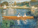 London National Gallery Top 20 17 Pierre-Auguste Renoir - Boating On the Seine Pierre Auguste Renoir - Boating on the Seine, 1879-80, 71 x 92 cm. Two young women row lazily on the Seine in the haze of a hot summers day. A slight breeze cools the air, as the sunlight flickers on the water, casting shadows and reflections on its rippling surface. The orange hue of the skiff against the blue of the river exploits the use of complementary colours.